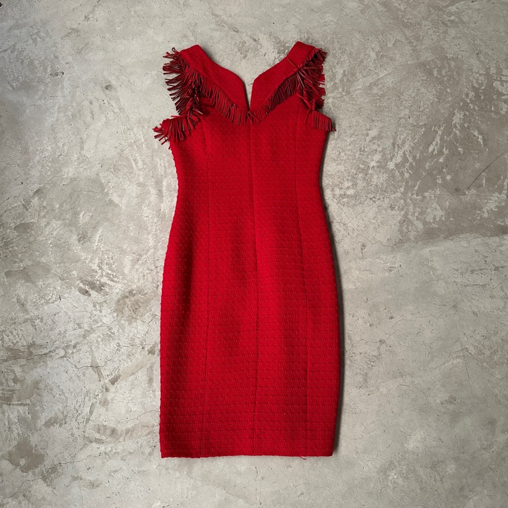 CHANEL 2015 PARIS DALLAS red boucle tweed dress 38 leather fringe runway